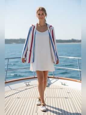Retro 80s Graff Nautical Striped Open Blazer Red Blue White Lightweight Size L